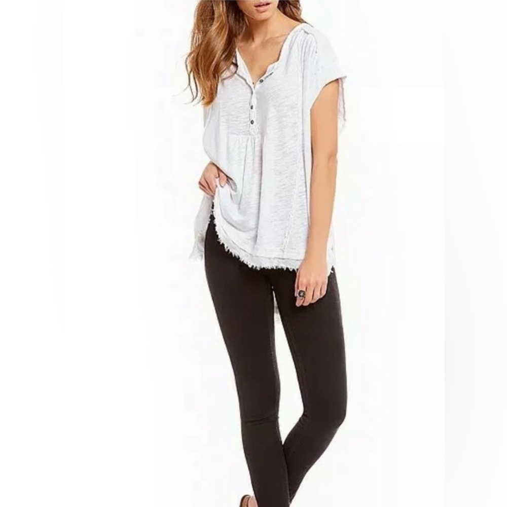 Free People White Short Sleeve Henley Top